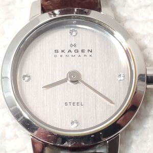 Skagen Denmark Steel Women's Petite Watch Silver Dial Crystals Leather Strap